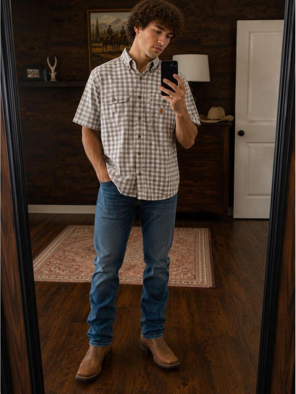Carhartt Gray & White Gingham Short Sleeve Button Up Shirt